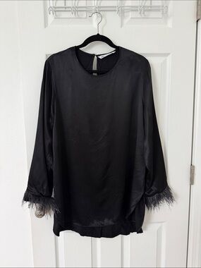 Zara Black Satin Blouse with Feather Trim